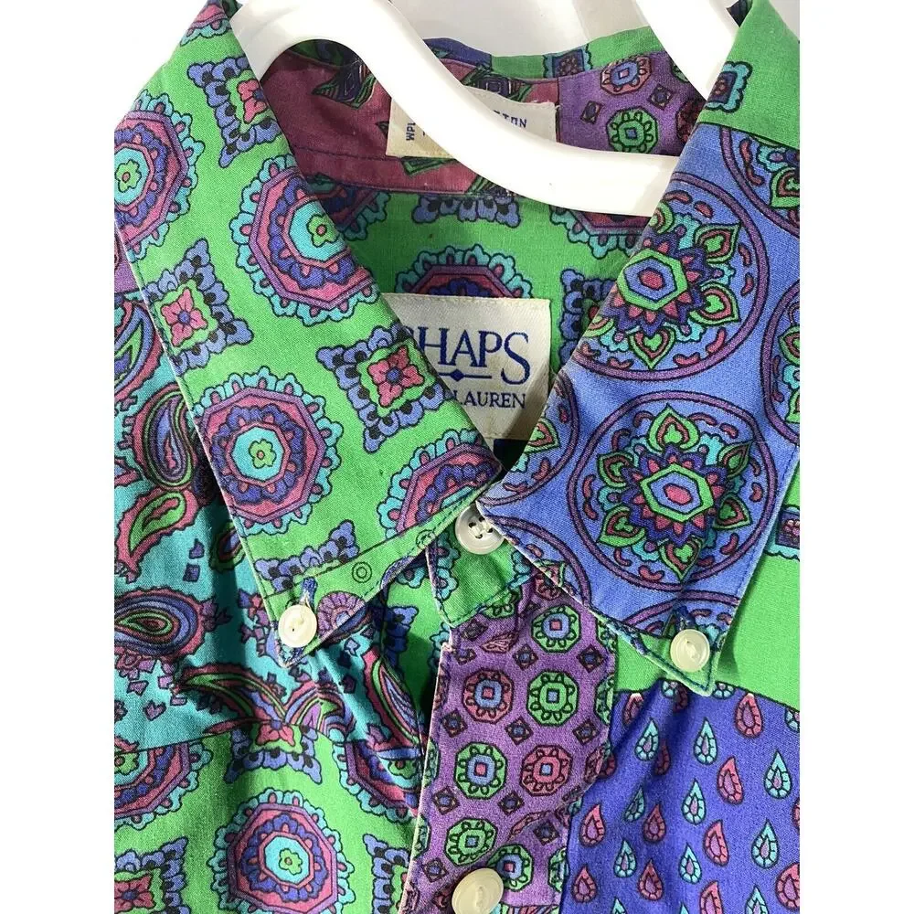 Vintage Chaps Ralph Lauren Top Shirt Womens M Paisley Colorblock Blue Green